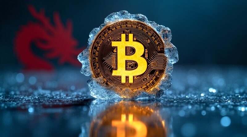 Pęknięty lodowy Bitcoin na zimnej siatce, czerwony cień smoka – kruchość kryptowaluty.