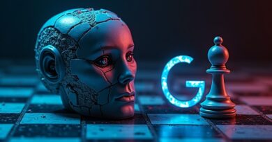 Rozbity szklany głowę androida na cyberpunkowej szachownicy, upadający pionek Google'a z logiem 'G'.