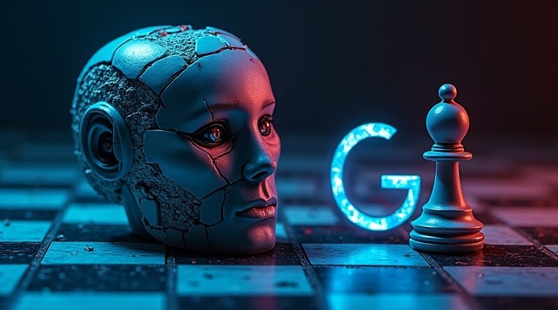 Rozbity szklany głowę androida na cyberpunkowej szachownicy, upadający pionek Google'a z logiem 'G'.