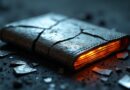 Pęknięty metalowy portfel kryptowalutowy emituje pomarańczową poświatę na czarnej powierzchni.