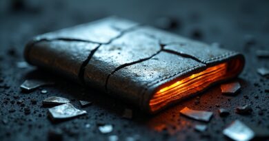 Pęknięty metalowy portfel kryptowalutowy emituje pomarańczową poświatę na czarnej powierzchni.