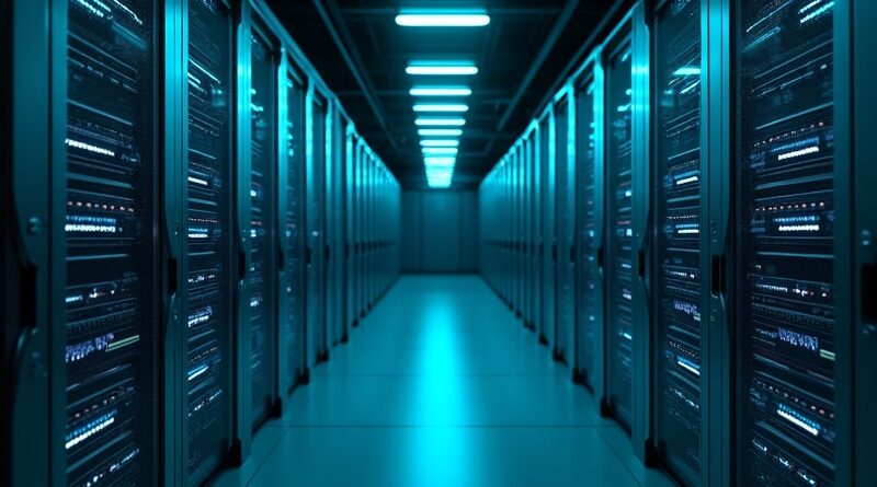 Nowoczesna serwerownia z rzędami Apple Mac mini, neonowoniebieskie i turkusowe podświetlenie.