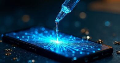 Krystaliczna pipeta upuszcza świecącą cyjanową ciecz na smartfon, tworząc złoty wzór sieci neuronowej.