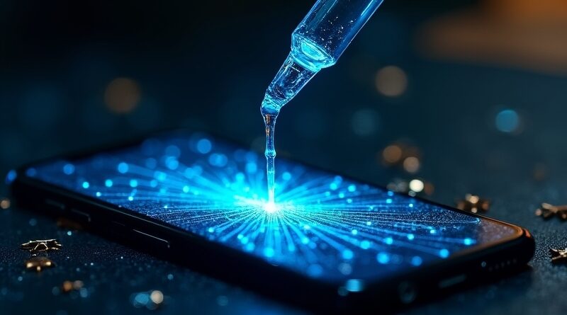 Krystaliczna pipeta upuszcza świecącą cyjanową ciecz na smartfon, tworząc złoty wzór sieci neuronowej.