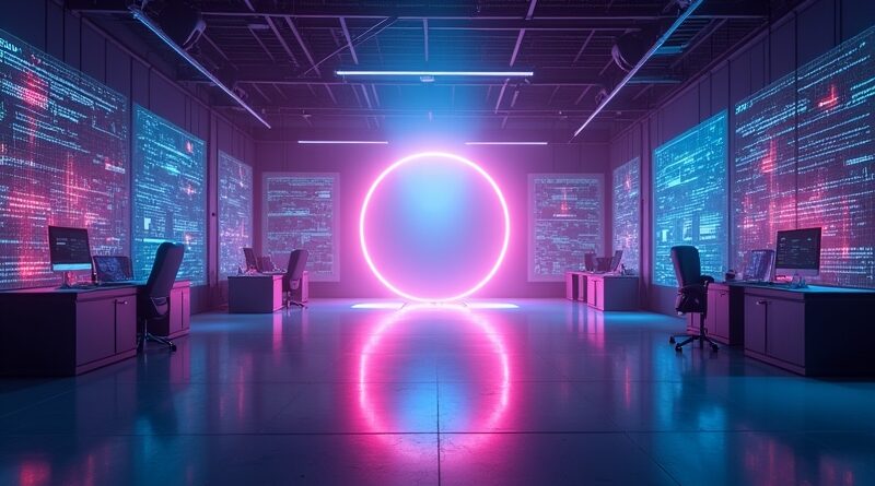 Pustynna futurystyczna agencja z pulsującym jądrem AI i neonowymi strumieniami danych.