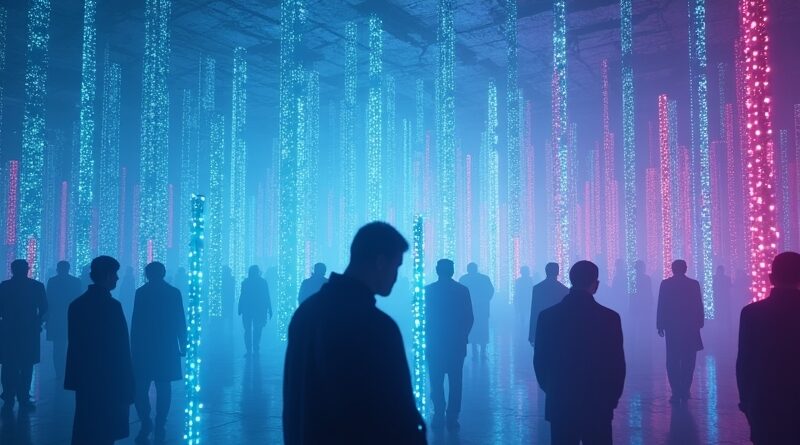 Surrealna sieć: agenty AI pożerają światło, ludzie nikną w cieniach, błękit i magentowa czerwień.