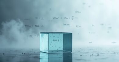 Szklany sześcian z odpływającą cieczą wyblakłe równania matematyczne niebieskoszare odcienie.