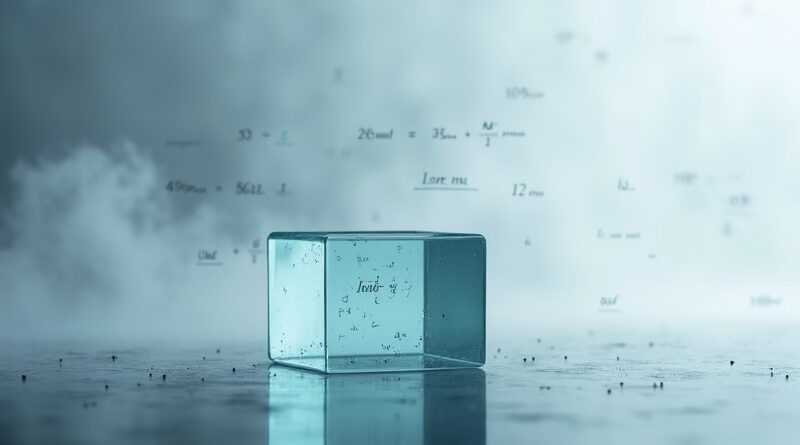 Szklany sześcian z odpływającą cieczą wyblakłe równania matematyczne niebieskoszare odcienie.