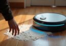 Osoba wskazuje na rozsypaną mąkę, robot podjeżdża z niebieskim podświetleniem.