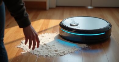 Osoba wskazuje na rozsypaną mąkę, robot podjeżdża z niebieskim podświetleniem.