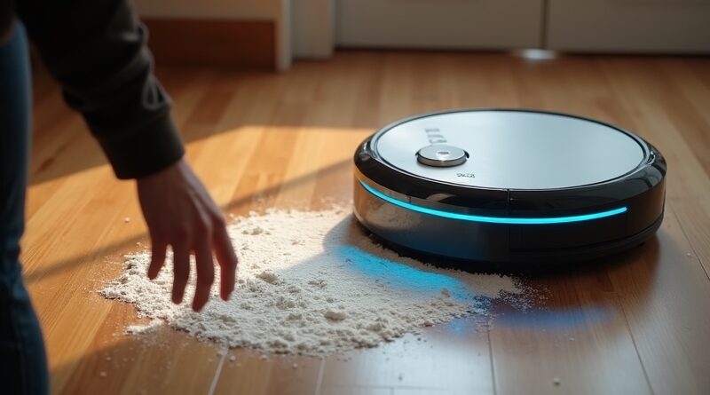 Osoba wskazuje na rozsypaną mąkę, robot podjeżdża z niebieskim podświetleniem.