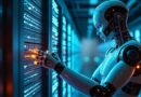 Humanoid robot wymienia kable w futurystycznym, neonowym centrum danych.