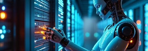 Humanoid robot wymienia kable w futurystycznym, neonowym centrum danych.