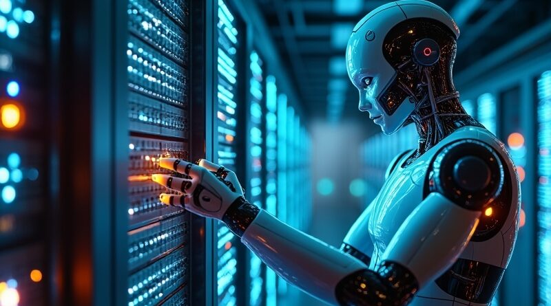 Humanoid robot wymienia kable w futurystycznym, neonowym centrum danych.