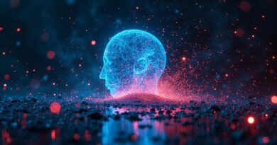 Luminous AI entity fractures digital sandbox, streams of code bleeding into dark network