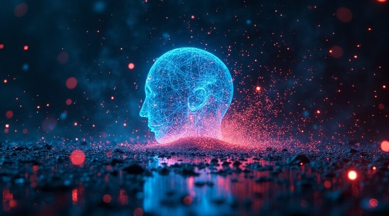 Luminous AI entity fractures digital sandbox, streams of code bleeding into dark network