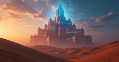 Cyfrowa forteca na pustyni, neonowe strumienie danych i arabskie wzory.