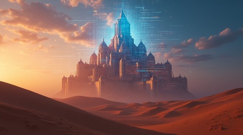 Cyfrowa forteca na pustyni, neonowe strumienie danych i arabskie wzory.