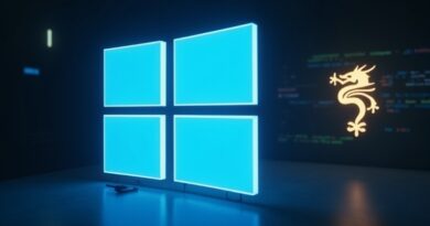 Giant blue Microsoft logo casts shadow over blurred code editor, golden DeepSeek dragon fades in cyberpunk tension.