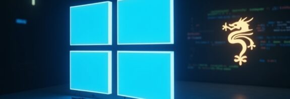 Giant blue Microsoft logo casts shadow over blurred code editor, golden DeepSeek dragon fades in cyberpunk tension.