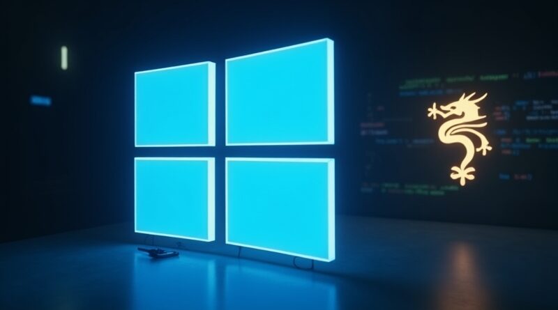 Giant blue Microsoft logo casts shadow over blurred code editor, golden DeepSeek dragon fades in cyberpunk tension.