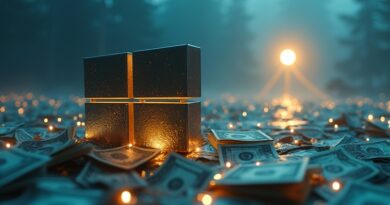 Surrealny krajobraz: częściowo zatopione logo Microsoftu w morzu banknotów, złota nić ku symbolowi OpenAI.