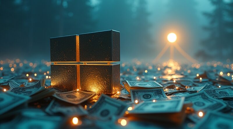Surrealny krajobraz: częściowo zatopione logo Microsoftu w morzu banknotów, złota nić ku symbolowi OpenAI.