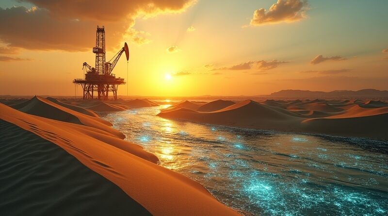Złote wydmy łączące się z niebieskimi obwodami, platforma wiertnicza o zachodzie słońca.