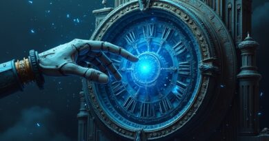 Kruchy, mechaniczny mechanizm rozpada się w błękitne strumienie danych, sięga po niego robotyczna dłoń.