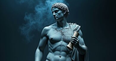 Shattered Greek marble Athena holds cracked smoking circuit board, dark blue silver surreal editorial style