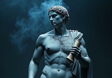 Shattered Greek marble Athena holds cracked smoking circuit board, dark blue silver surreal editorial style