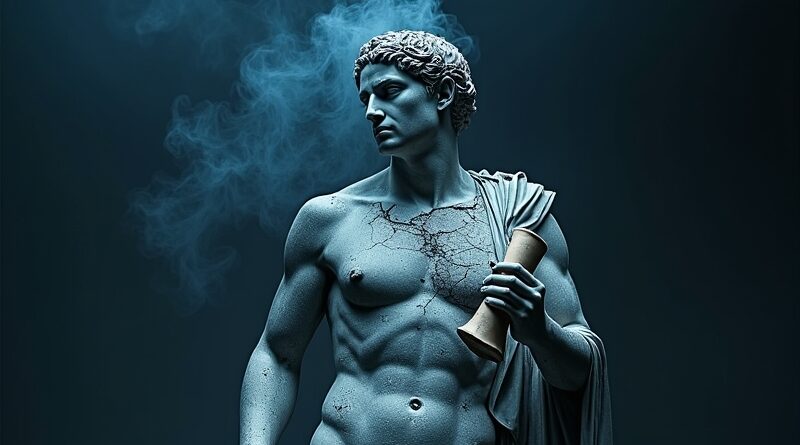 Shattered Greek marble Athena holds cracked smoking circuit board, dark blue silver surreal editorial style