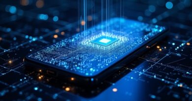 Lśniący rdzeń smartfona przekształca się w ciekłochromową sieć neuronową w indygo przestrzeni.