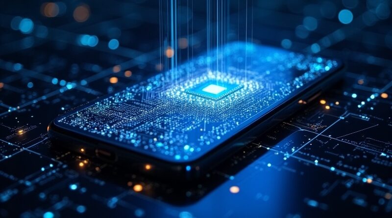 Lśniący rdzeń smartfona przekształca się w ciekłochromową sieć neuronową w indygo przestrzeni.