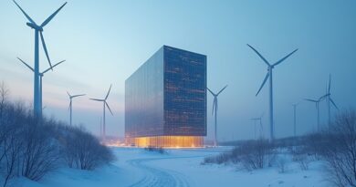 AI data center with wind turbines in snowy Akita, dusk light, minimalist, hopeful.
