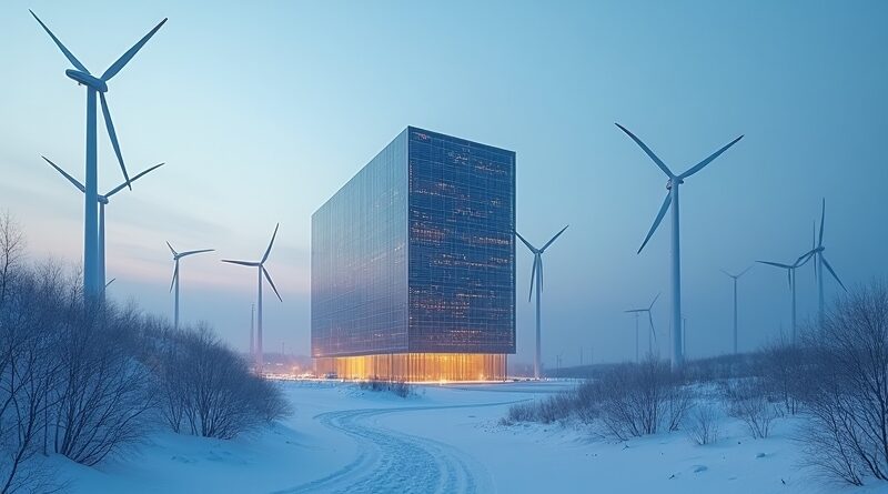 AI data center with wind turbines in snowy Akita, dusk light, minimalist, hopeful.