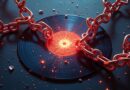 Giant musical note chains wrap a glowing AI circuit core above a shattered vinyl record.