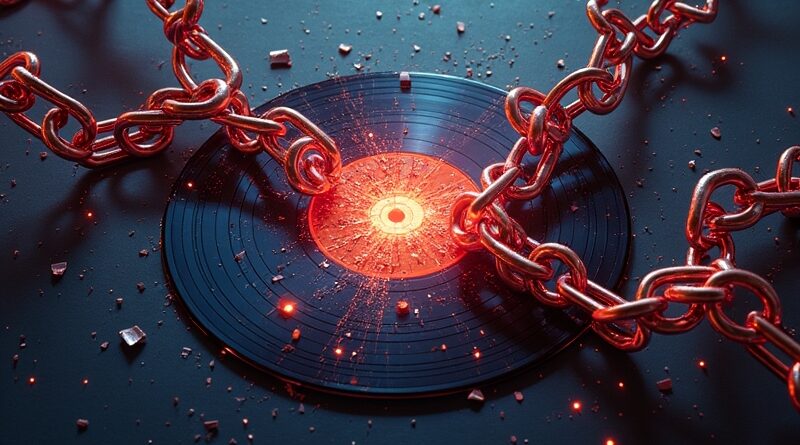 Giant musical note chains wrap a glowing AI circuit core above a shattered vinyl record.