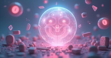Lśniący orb AI w otoczeniu rozproszonych, pastelowych paneli reklamowych