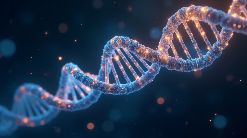Świecąca helisa DNA przekształca się w złoto-niebieską cząsteczkę leku w kosmicznej przestrzeni.