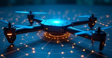 Futuryzatorski dron z neonowym chipem Orin nad sieciową siatką w chłodnym błękicie i złocie.