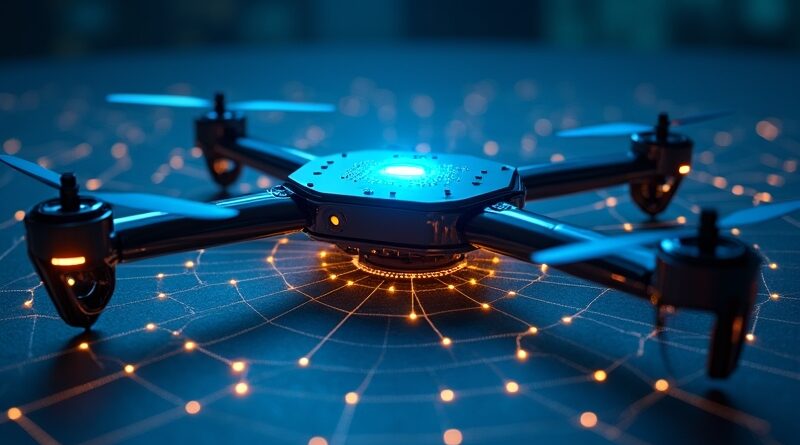 Futuryzatorski dron z neonowym chipem Orin nad sieciową siatką w chłodnym błękicie i złocie.