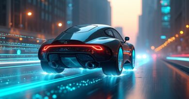 Futurystyczna robotaksówka sunie przez neonowe miasto, za nią smugi niebieskiego i złotego światła.