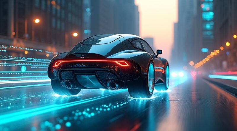 Futurystyczna robotaksówka sunie przez neonowe miasto, za nią smugi niebieskiego i złotego światła.