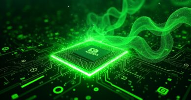 Zielony rdzeń NVIDIA splata się z kodem open source i ikoną Hugging Face, cyberpunk.