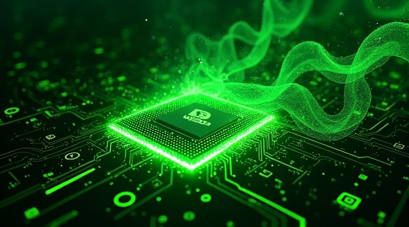 Zielony rdzeń NVIDIA splata się z kodem open source i ikoną Hugging Face, cyberpunk.