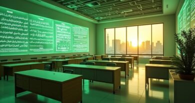 Futurystyczna sala szkoleniowa Tuwaiq Academy w Rijadzie z holograficznymi skryptami NLP i zieloną poświatą NVIDIA.