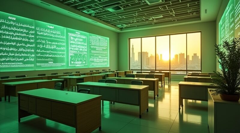 Futurystyczna sala szkoleniowa Tuwaiq Academy w Rijadzie z holograficznymi skryptami NLP i zieloną poświatą NVIDIA.