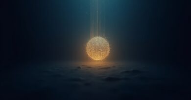 Błyszczący geometryczny orb z indygo i złota w ciemności, eteryczne smugi światła.