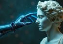 Cybernetyczna dłoń z niebieskimi obwodami dotyka marmurowego popiersia, cyjan i złoto, surrealistyczna wizja AGI.